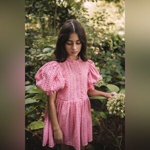 Petite Amalie Fuchsia Puff Sleeve Eyelet Dress